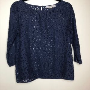 LOFT Open Weave Top With 3/4 Sleeves Blue